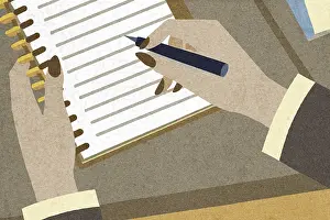 Time Management Concept Prints: A person writes in a notebook using a pen
