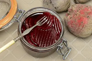 Root Vegetable Dishes Prints: Pickled beetroot in glass jar and beetroot