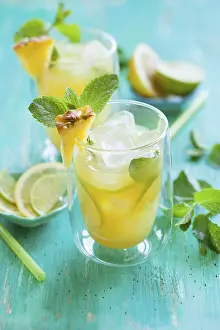 Tropical Fruit Drink Prints: Pineapple lemonade with lemon, lime and mint