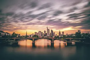 Prints of Pink sunset over the river Main, illuminated skyline of the city of Frankfurt am Main, Hesse, Germany Frankfurt Am Main Prints: Pink Sunset Print over River Main, Frankfurt Germany