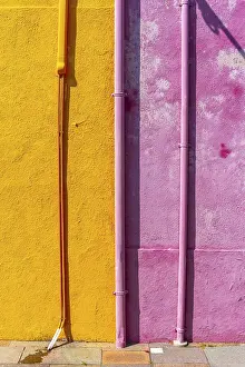 Burano Island Prints: Pink and yellow wall with gutter and cable