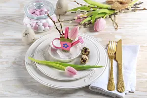 Easter Table Decoration Prints: Place setting for Easter table with spring flowers
