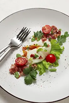Gourmet Breakfast Options Prints: Poached egg, with bacon and vegetables