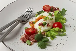 Close Up Food Shot Prints: Poached egg, with bacon and vegetables