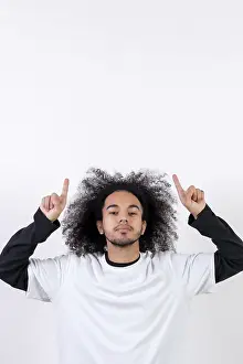 White Background Isolated Image Prints: Pointing above a copy paste space