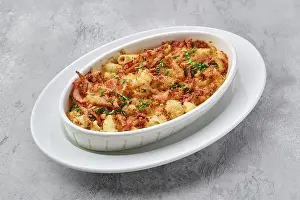 Thanksgiving Dinner Inspiration Prints: Portion of mac and cheese with pumpkin and bacon