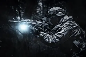 Military Operations Concept Prints: Portrait of a commando in the forest