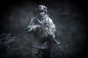 Military Operations Concept Prints: Portrait of a commando in the forest