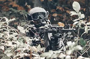 Military Operations Concept Prints: Portrait of a commando in the forest