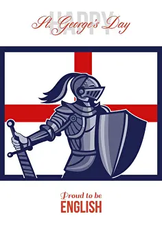 Prints of Poster greeting card Illustration of knight in full armor with sword and shield with England English flag done in retro style with words Happy St Poster Prints: Retro Style St George's Day Print