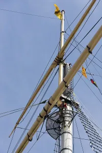 Bristol City Landmarks Prints: BRISTOL, UK - MAY 14 : Person climbing the rigging of the SS Great Britain in dry dock in Bristol on May 14