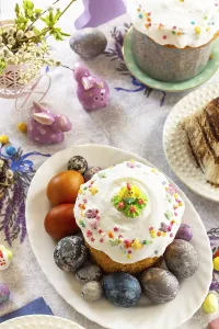 Baked Goods For Easter Prints: Festive Easter table setting. Easter orthodox cakes with Easter eggs