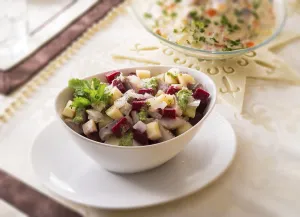 Herring Salad Prints: Herring salad with beetroot - selective sharpness-deep