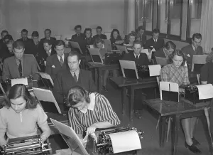 Vintage Classroom Scene Prints: Learning to type on a typewriter
