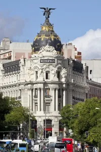 Passenger Car On Road Prints: Metropolis Building, Edificio Metropolis