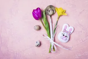 Iris Flower Arrangement Prints: Spring Easter Table setting with flowers and Eggs