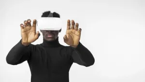 City Architecture Prints: Technology man using virtual reality headset front view
