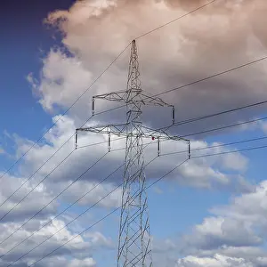 Deserted Evening Scene Prints: Power lines at sunset cloudy sky