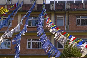 Colorful Urban Landscape Prints: Prayer flags in front of a facade