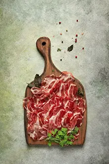 Prosciutto Appetizer Prints: Prosciutto on a cutting board, top view
