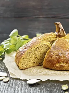 Baked Goods Nutrition Prints: Pumpkin bread cut on parchment