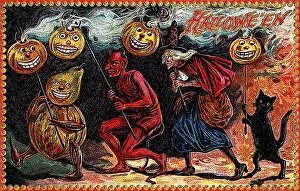 Halloween Pumpkin Art Prints: Pumpkin figure, devil, witch, black cat
