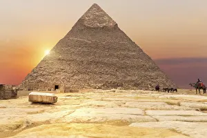 Sahara Desert Evening Scene Prints: The Pyramid of Chephren in the rays of sunset