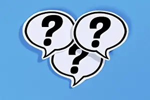 Speech Bubble Concept Prints: Question mark as a symbol for question Questions Help Problem Information Support in speech bubbles Communication
