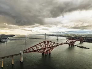 Forth Bridge Drone View Prints: Rain clouds over Forth Bridge from a drone