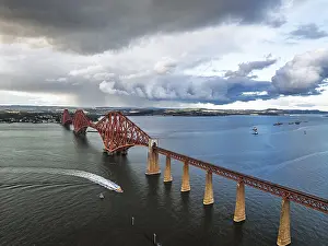 Scottish Tourist Attractions UK Prints: Rain clouds over Forth Bridge from a drone