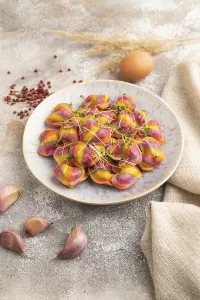 Deserted Meal Scene Prints: Rainbow colored dumplings with pepper