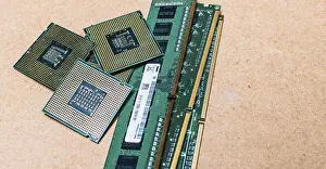 Printed Circuit Board PCB Prints: RAM memories with computer microprocessors isolated