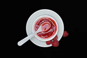 Raspberry Sauce Prints: Raspberry sauce, raspberry jam in bowl with spoon