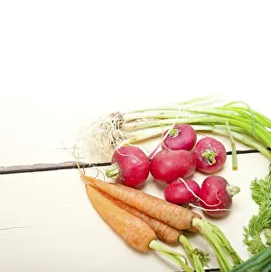 Orange Colored Vegetables Prints: Raw root vegetable on a rustic white wood table
