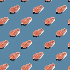 Flat Lay Food Photography Prints: Raw salmon steak pattern on a blue background