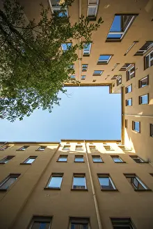 Prints of Rectangular backyard, surrounded by yellow walls, seen from below Berlin Architecture Prints: Rectangular Backyard Print, Seen from Below