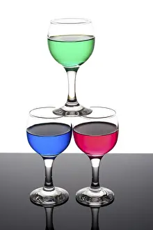Quiet Studio Environment Photos Prints: Red, green and blue backlit drinks with reflection