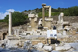 Ancient Ruins Turkey Prints: Remains of ancient structures with columns and an information board