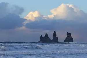 Icelandic Winter Landscape Prints: Reynisdrangar pinnacles, waves
