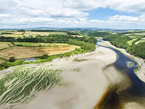 Prints of River Emme and Red Cove from a drone, Mothecombe, Plymouth, South Devon, England, United Kingdom Plymouth Prints: River Emme and Red Cove Print, Mothecombe, Devon, England
