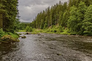 Cloudy Sky Landscape Photo Prints: A river flows through a dense forest under a cloudy sky