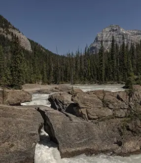 Uninhabited Riverbank Scene Prints: River flows between rocks surrounded by pine forest