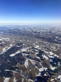 Southern Germany Winter Scene Prints: River loop, fields and villages with snow in winter
