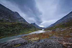 Nordic Nature Photography Prints: River valley, mountains, dramatic sky