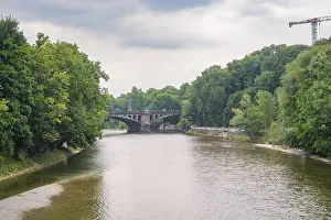 Bavarian River Scenery Prints: River view with a stone bridge in the background