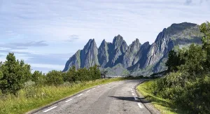 Senja Island Norway Prints: Road, behind rocky peak Devil's Teeth