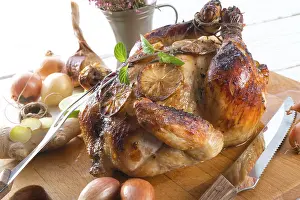 Leafy Vegetable Dishes Prints: Roasted chickens