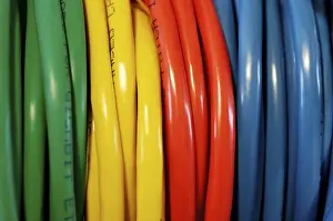 Coloured Network Cables Prints: Rolled coloured network cables for computer