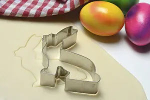 Colorful Easter Treats Prints: Rolled dough with bunny cookie cutter and easter eggs