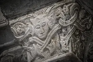 Prints of Romanesque capital with a devil, Pre-Romanesque temple of Santa Maria de Wamba, 10th century, Montes Torozos region, Valladolid, Castile and Leon, Spain Romanesque capital with a devil Valladolid Prints: Romanesque Capital with Devil Print, 10th century Spain